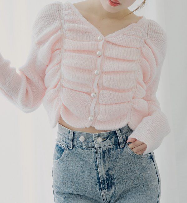  「【SALON by Chico】フロントギャザータックニットトップス」|カーディガン|ピンク