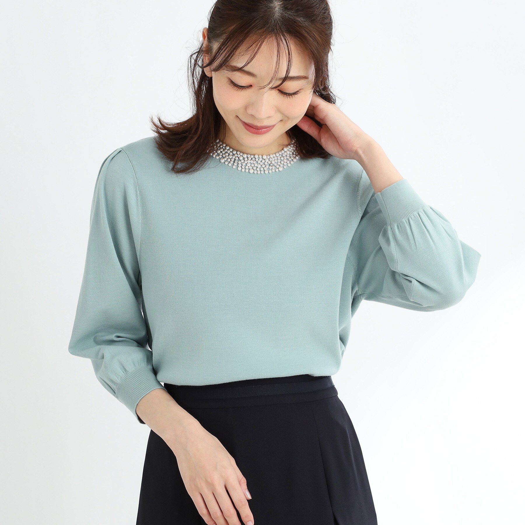 Reflect「【R‐QUALITY】パール調&times;クリスタルビジューニット」|ニット・セーター|ブルーグリーン(09