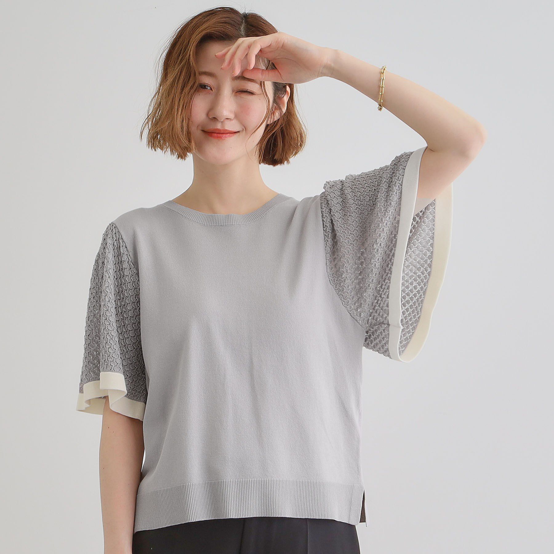 grove「袖透かし編みフレアースリーブニット」|ニット・セーター|ライトグレー(511