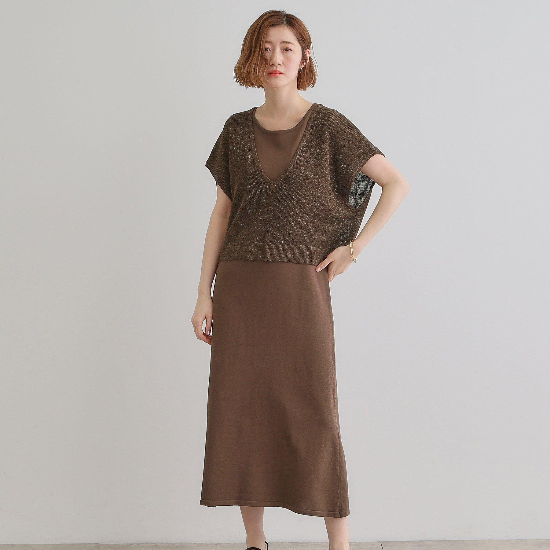 grove「ラメベスト&times;ニットワンピースSET」|ワンピース|ブラウン(043)