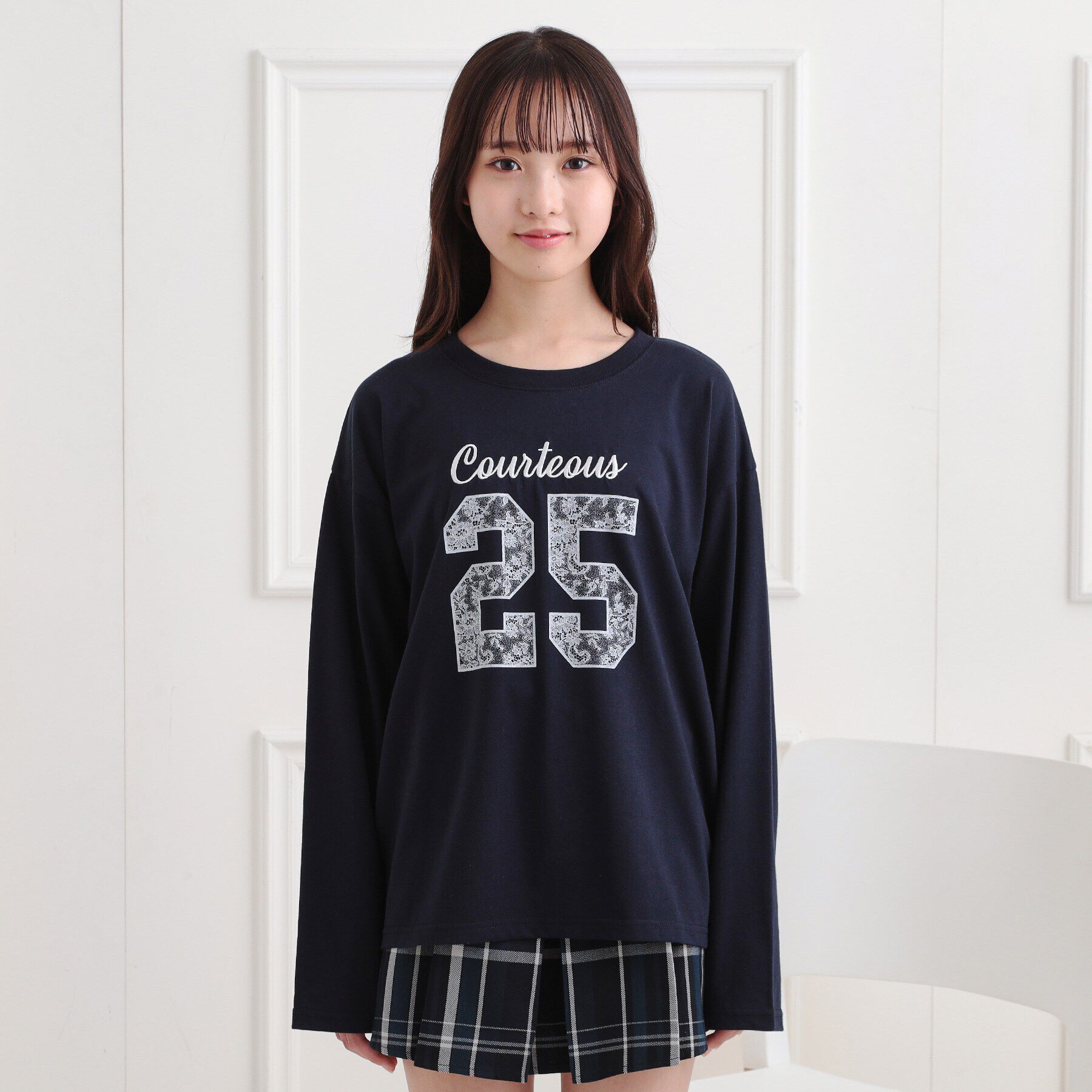 PINK-latte「レースプリントナンバリングロンT」|Tシャツ・カットソー|