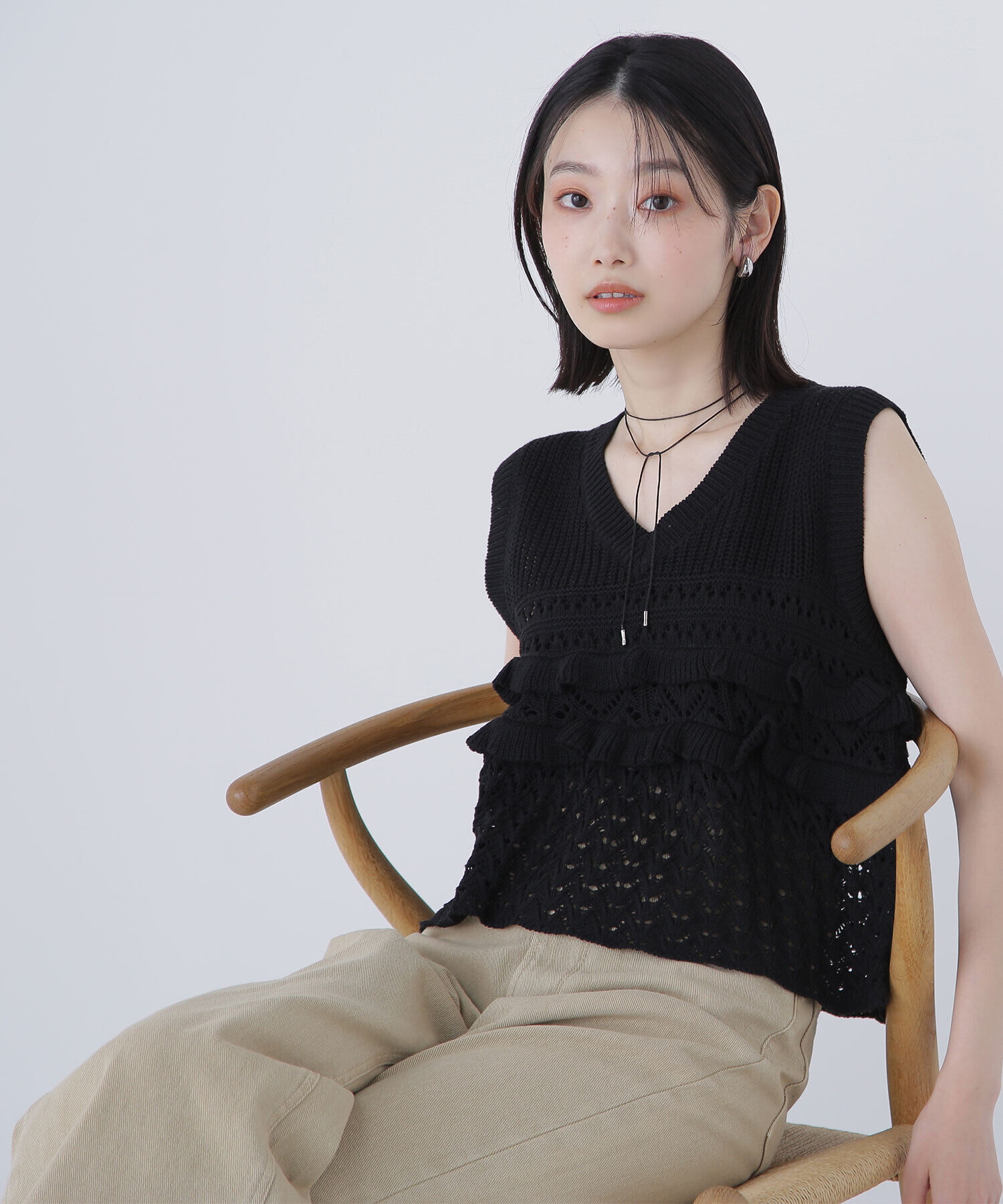  「透かし編みフリルニット」|ニット・セーター|ブラック