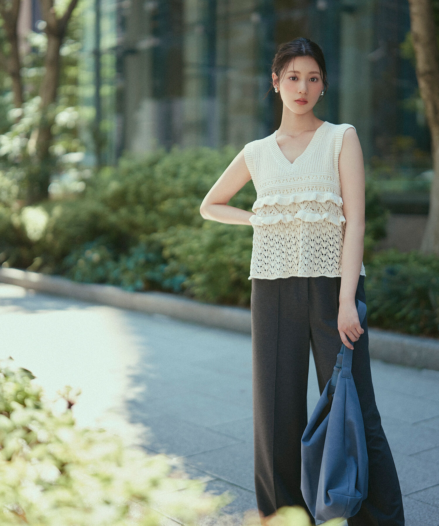  「透かし編みフリルニット」|ニット・セーター|アイボリー1