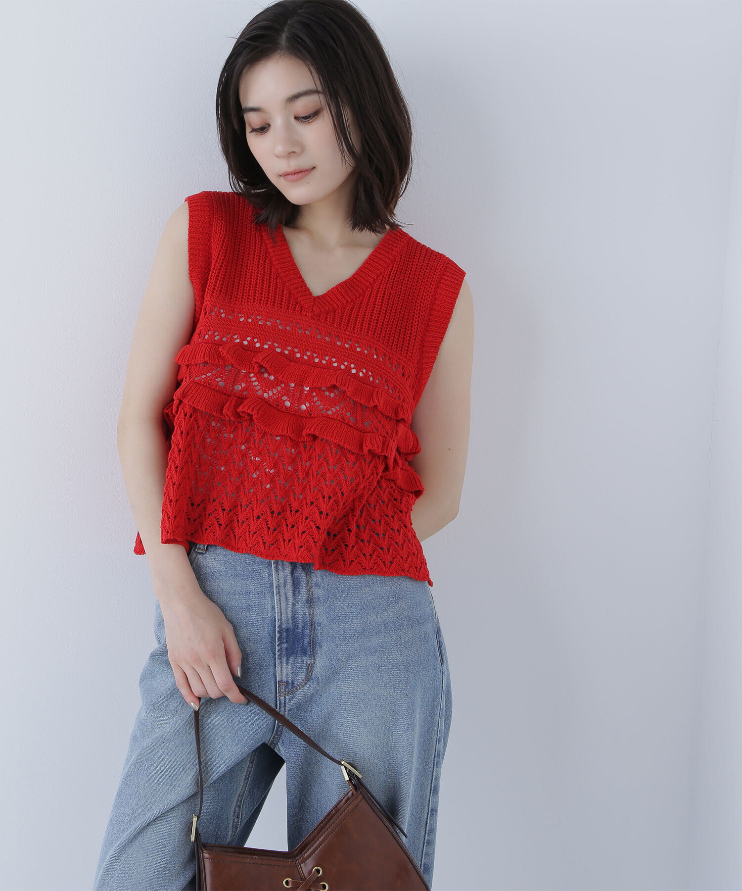  「透かし編みフリルニット」|ニット・セーター|レッド