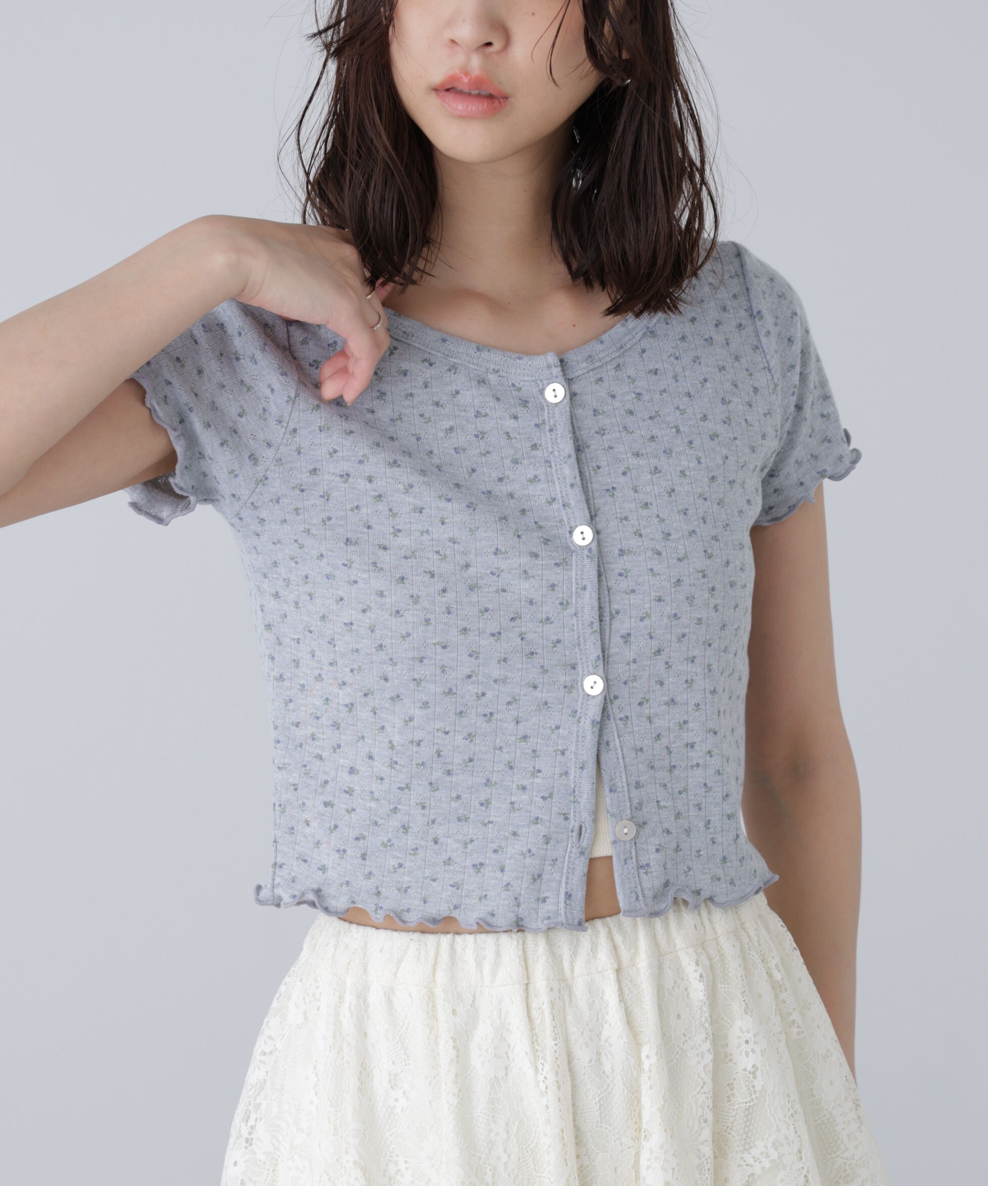  「花柄テレコカーディガン」|Tシャツ・カットソー|グレーベース1