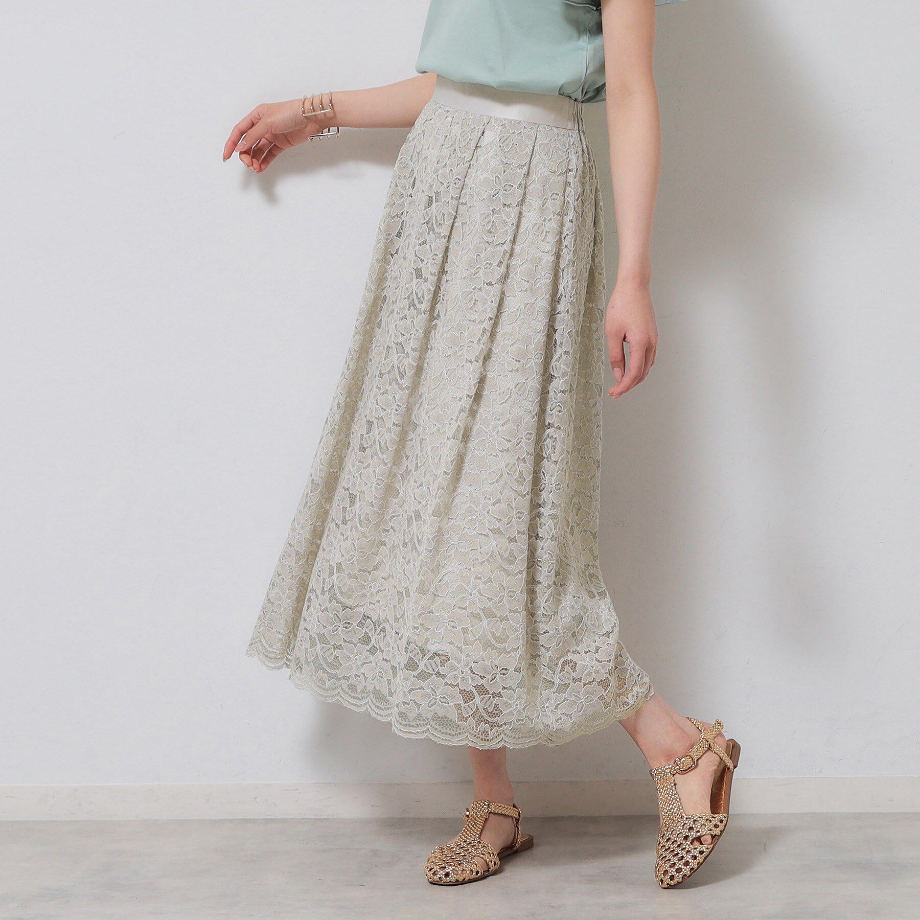 SunaUna「【裾スカラップ／後ろウエストゴム】レーススカート」|スカート|ライトグレー(011