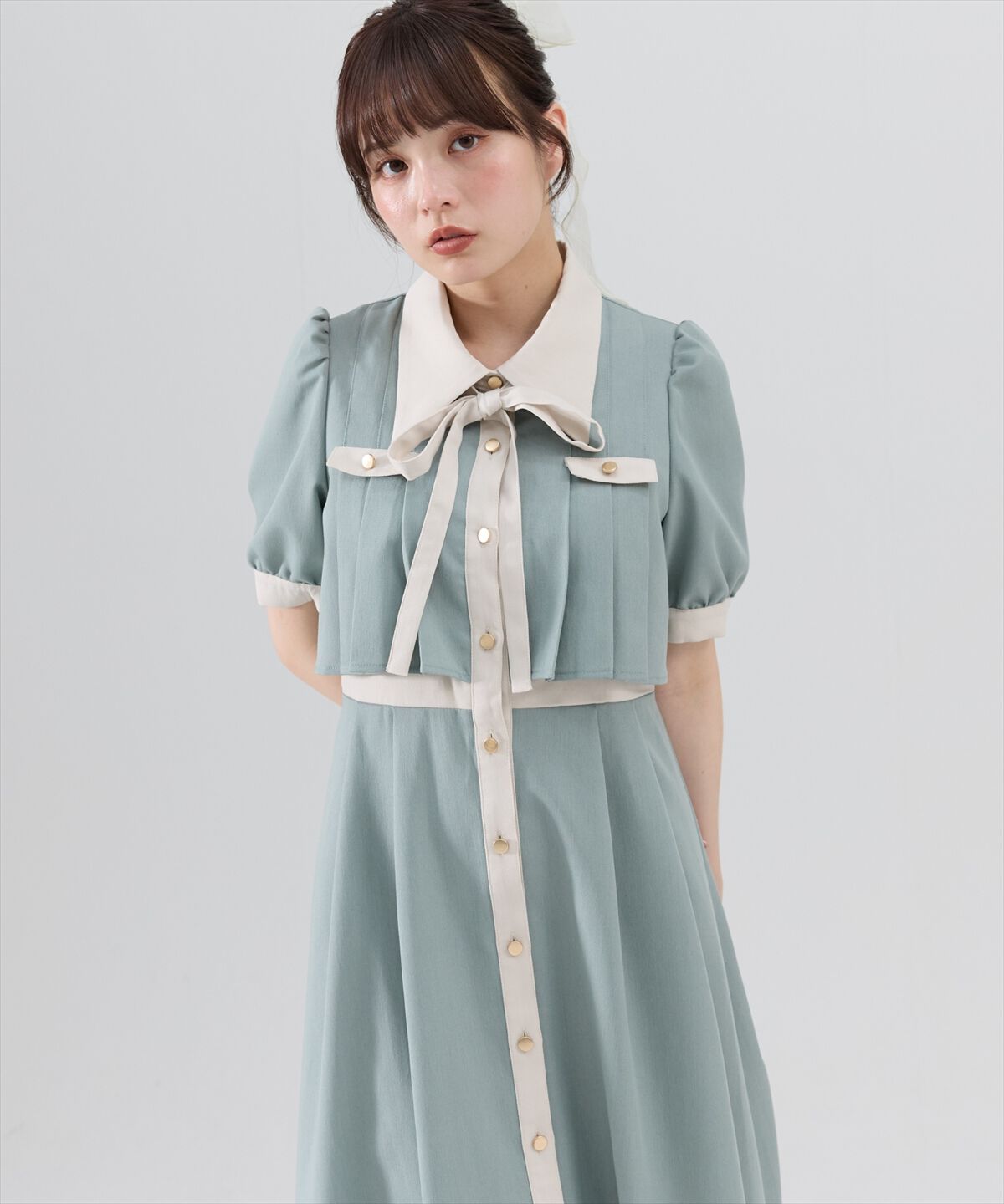 REDYAZEL「バイカラータックプリーツ半袖シャツワンピース」|ワンピース|ミント