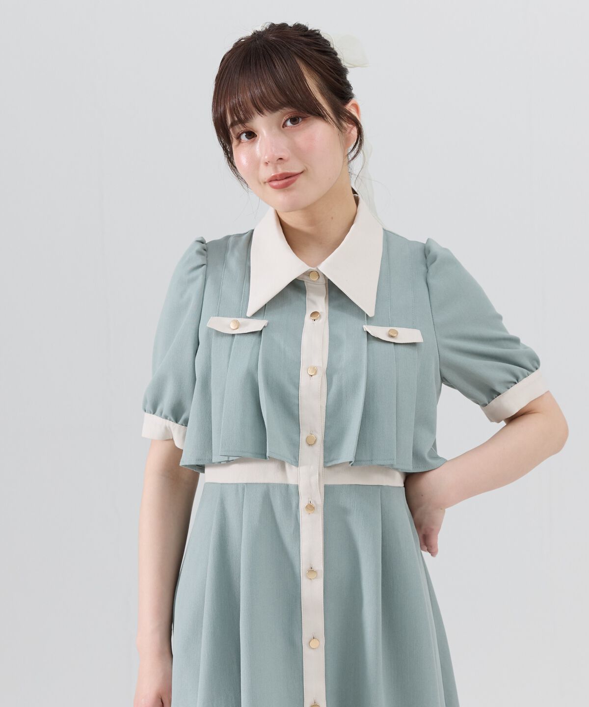 REDYAZEL「バイカラータックプリーツ半袖シャツワンピース」|ワンピース|