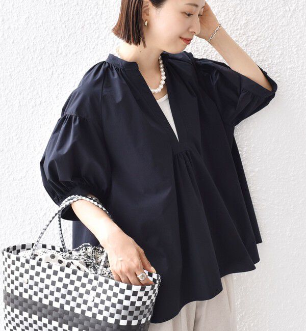 SHIPS for women「〈接触冷感 / 撥水加工〉TEX BRID(R)タフタ スキッパー 5分袖 ブラウス」|シャツ・ブラウス|