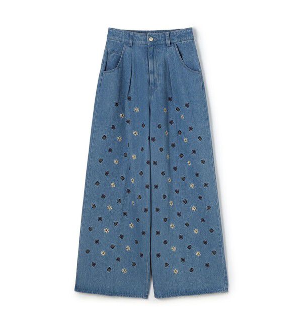 MACPHEE「ボタニカルエンブロイダリーデニム タックワイドパンツ」|デニム|64 ブルー系