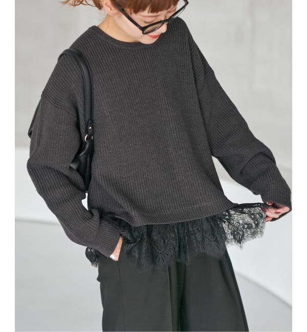 Spick and Span「レースドッキング畦ニットプルオーバー」|ニット・セーター|グレー