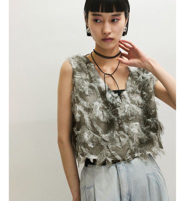 ADAM ET ROPE'「【サステナブル】・【定番人気】フリンジプリントトップス」|Tシャツ・カットソー|ブラック系(02)