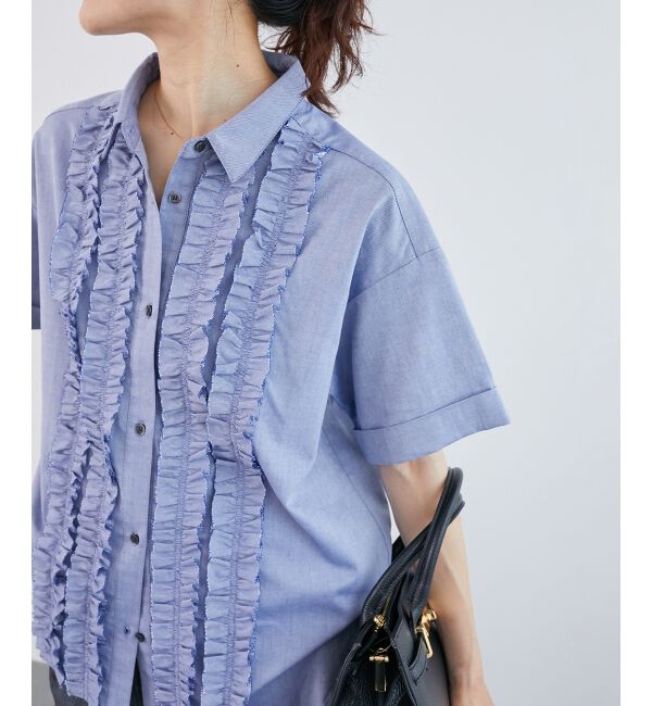  「《1枚で着映え！》フロントフリルレギュラーカラー半袖シャツ」|シャツ・ブラウス|ブルー