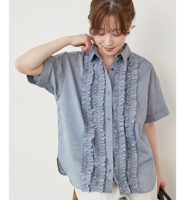  「《1枚で着映え！》フロントフリルレギュラーカラー半袖シャツ」|シャツ・ブラウス|ネイビー