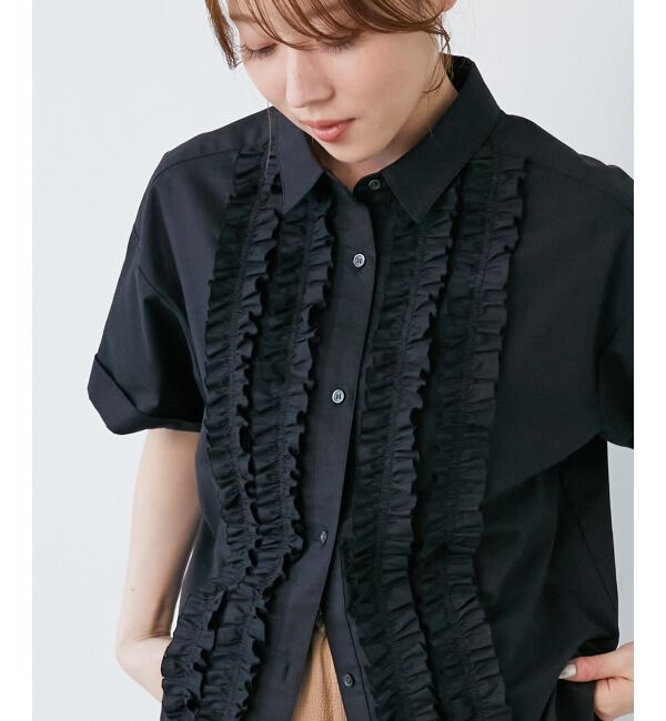  「《1枚で着映え！》フロントフリルレギュラーカラー半袖シャツ」|シャツ・ブラウス|ブラック