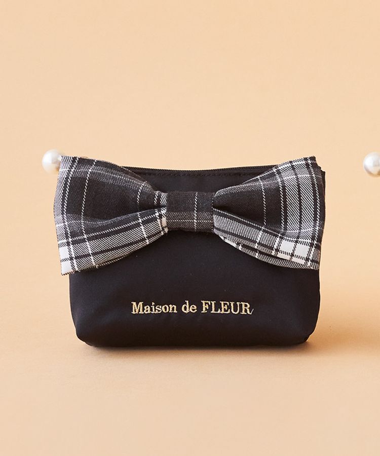 Maison de FLEUR「チェックリボンサテンポーチ」|ポーチ|ブラック