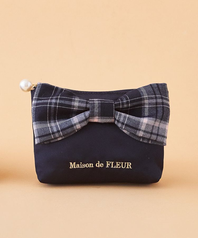 Maison de FLEUR「チェックリボンサテンポーチ」|ポーチ|ネイビー