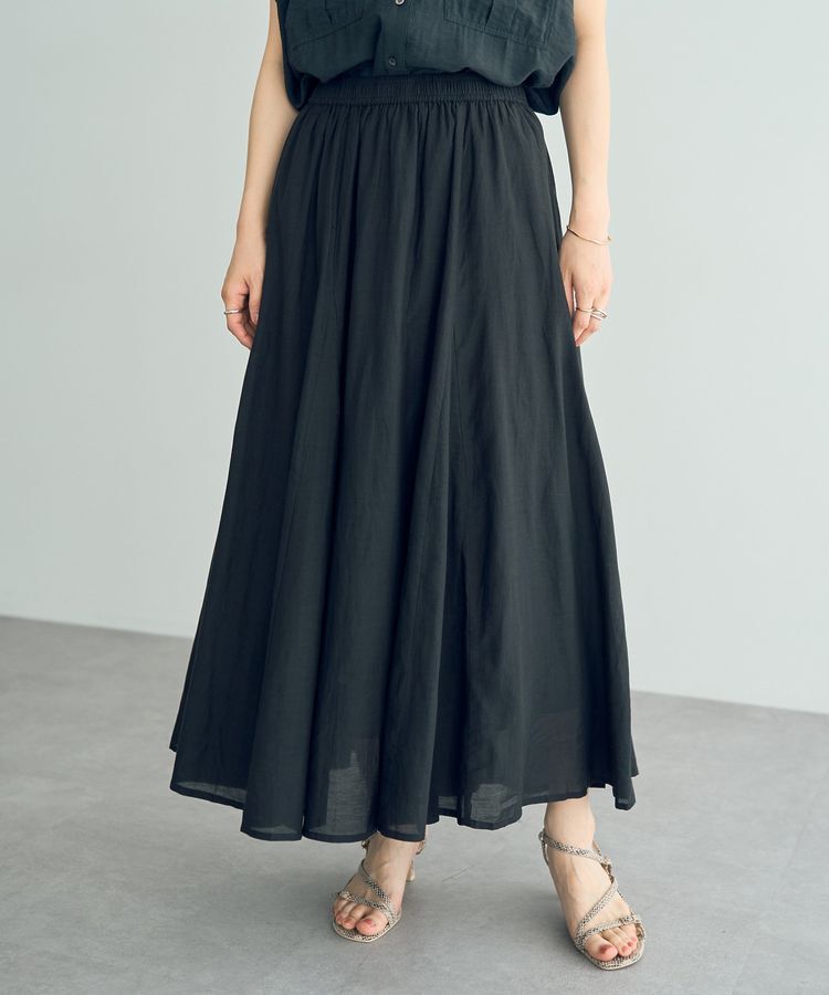 YECCA VECCA「綿レーヨンギャザーロングスカート」|フレア|Black