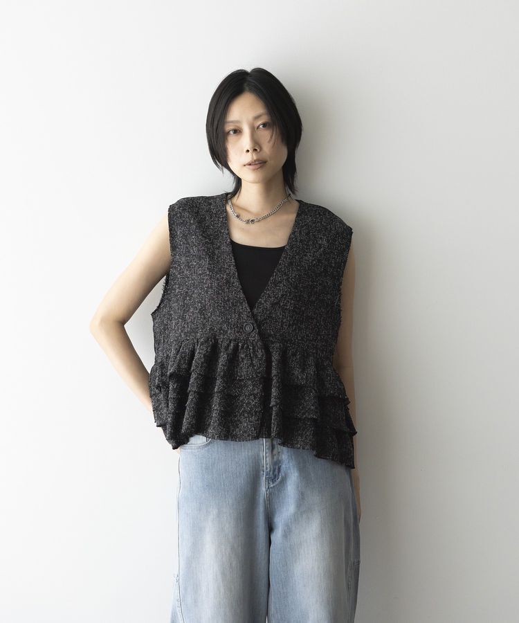 GARAGE OF GOOD CLOTHING「ツイードギャザーベスト」|ベスト・ジレ|ホワイト&times;ブラック