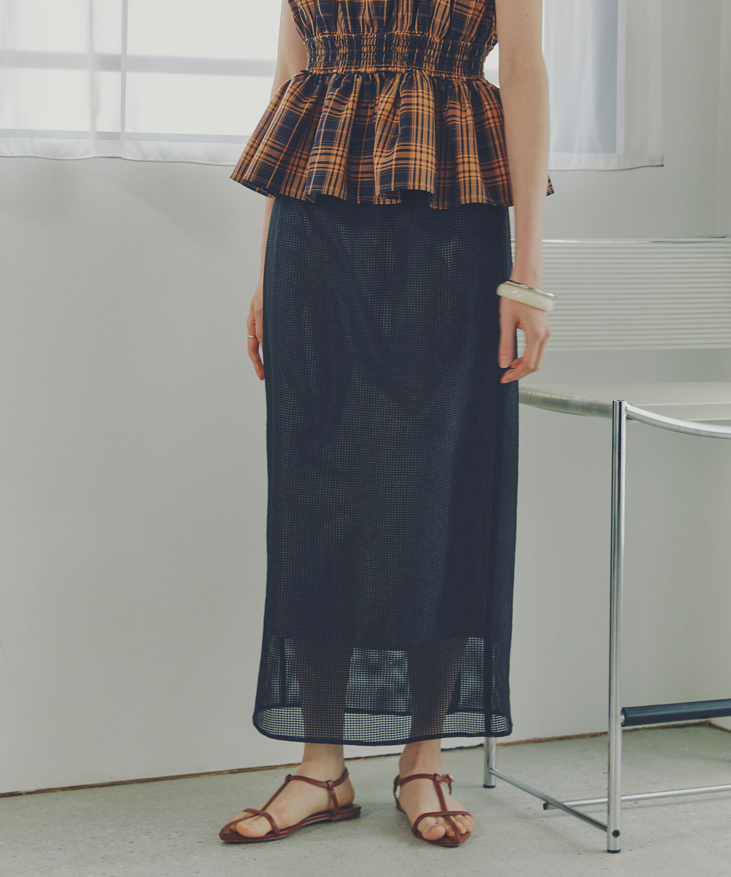  「メッシュチェックナロースカート」|スカート|ブラック