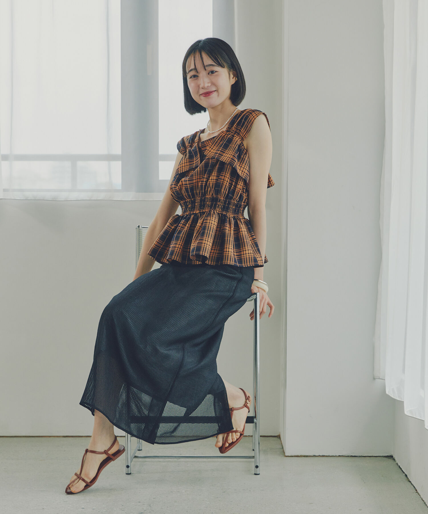  「メッシュチェックナロースカート」|スカート|