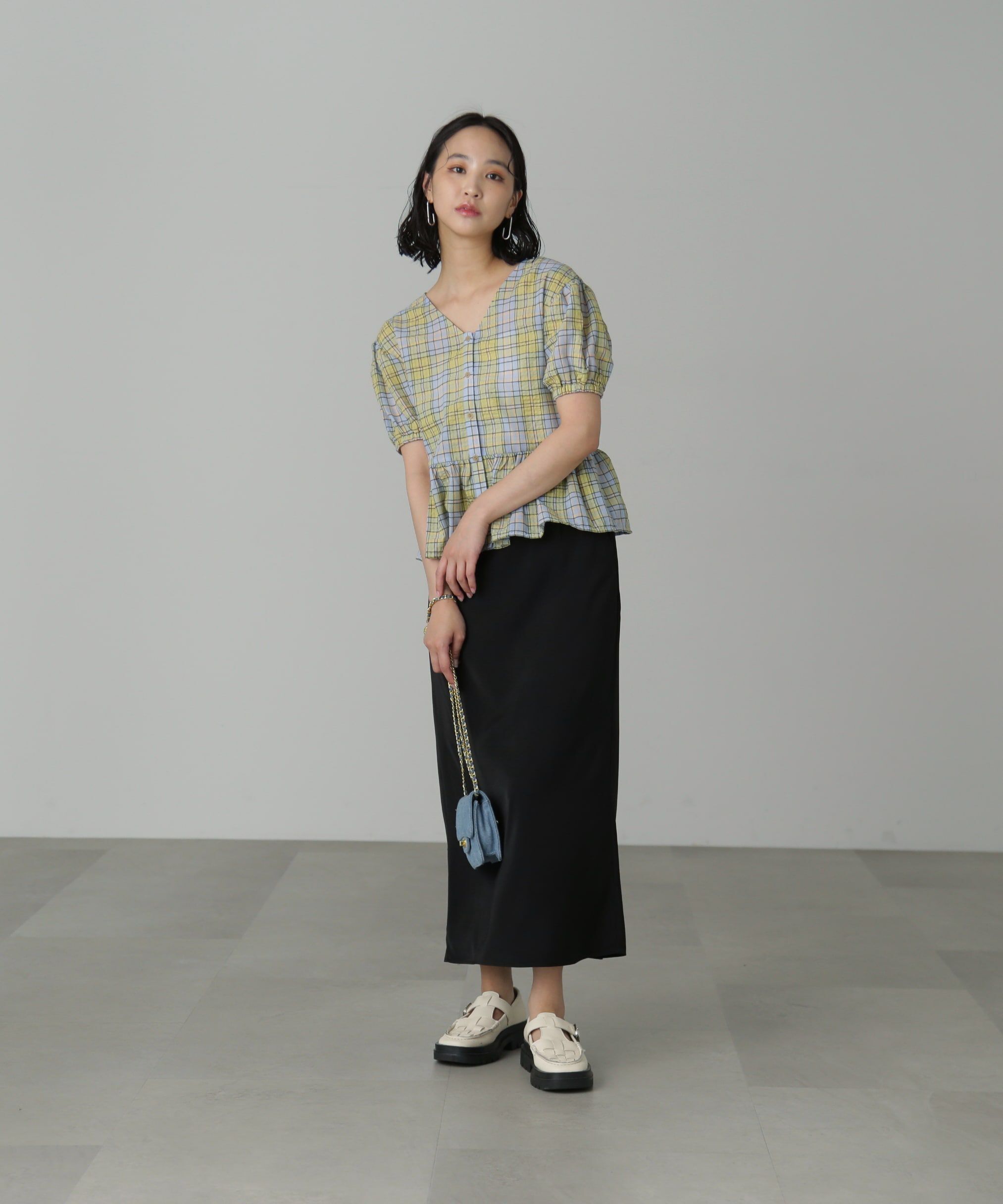  「チェック柄バックレースアップペプラムブラウス」|シャツ・ブラウス|