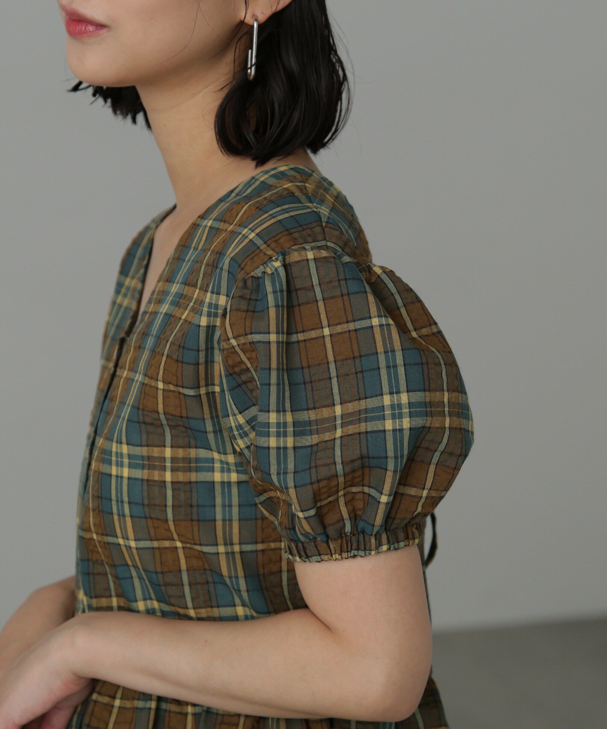  「チェック柄バックレースアップペプラムブラウス」|シャツ・ブラウス|