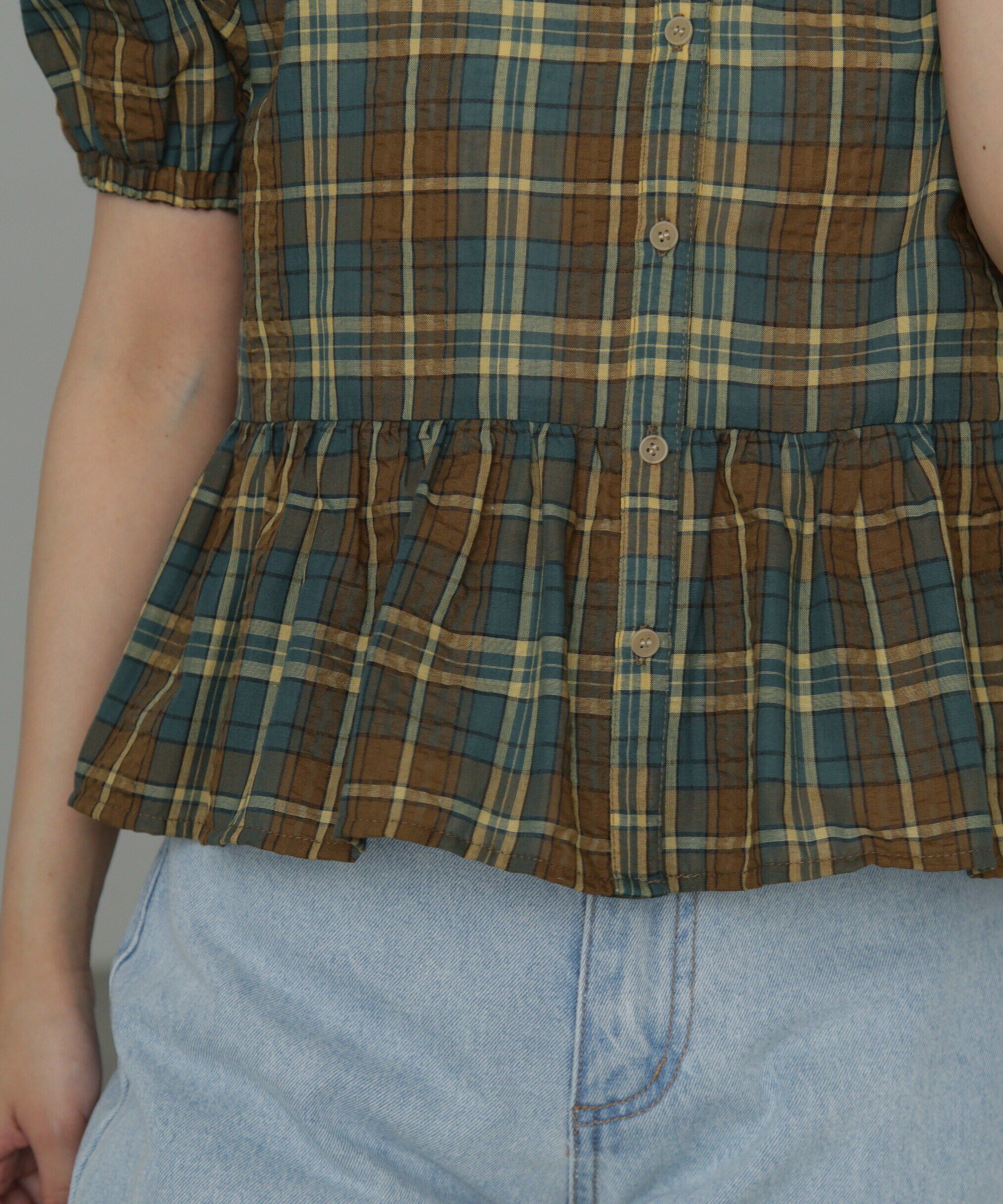  「チェック柄バックレースアップペプラムブラウス」|シャツ・ブラウス|