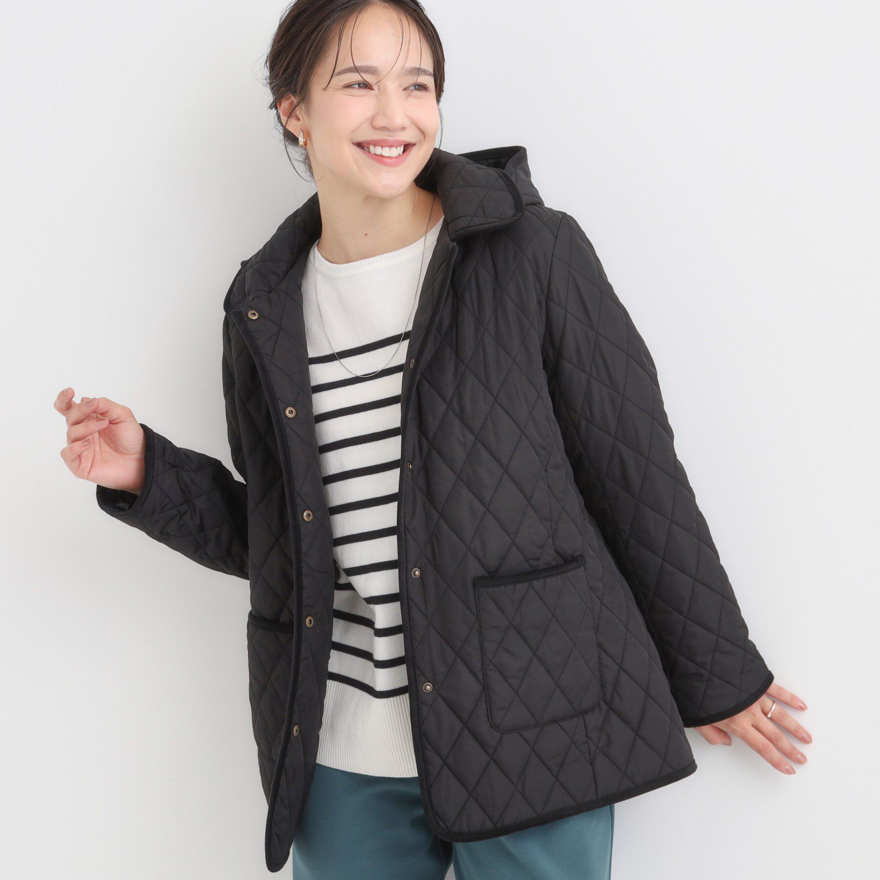 SHOO･LA･RUE「【撥水/フード取り外し可】サッと羽織れる ダイヤ柄キルトジャケット」|その他|ブラック(019)