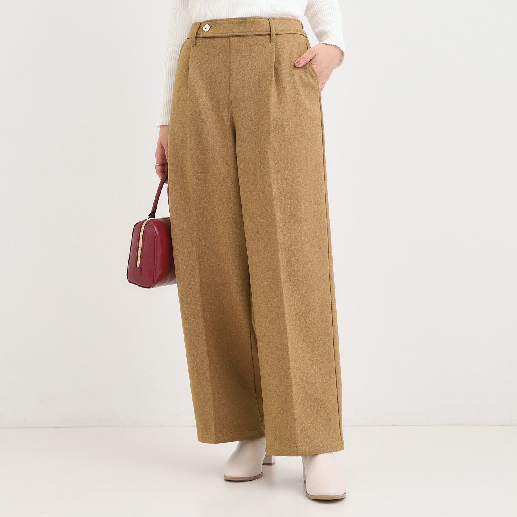 SHOO･LA･RUE「【着丈選べる】ウールフィールあったか裏起毛ワイドパンツ」|その他|キャメルブラウン(0