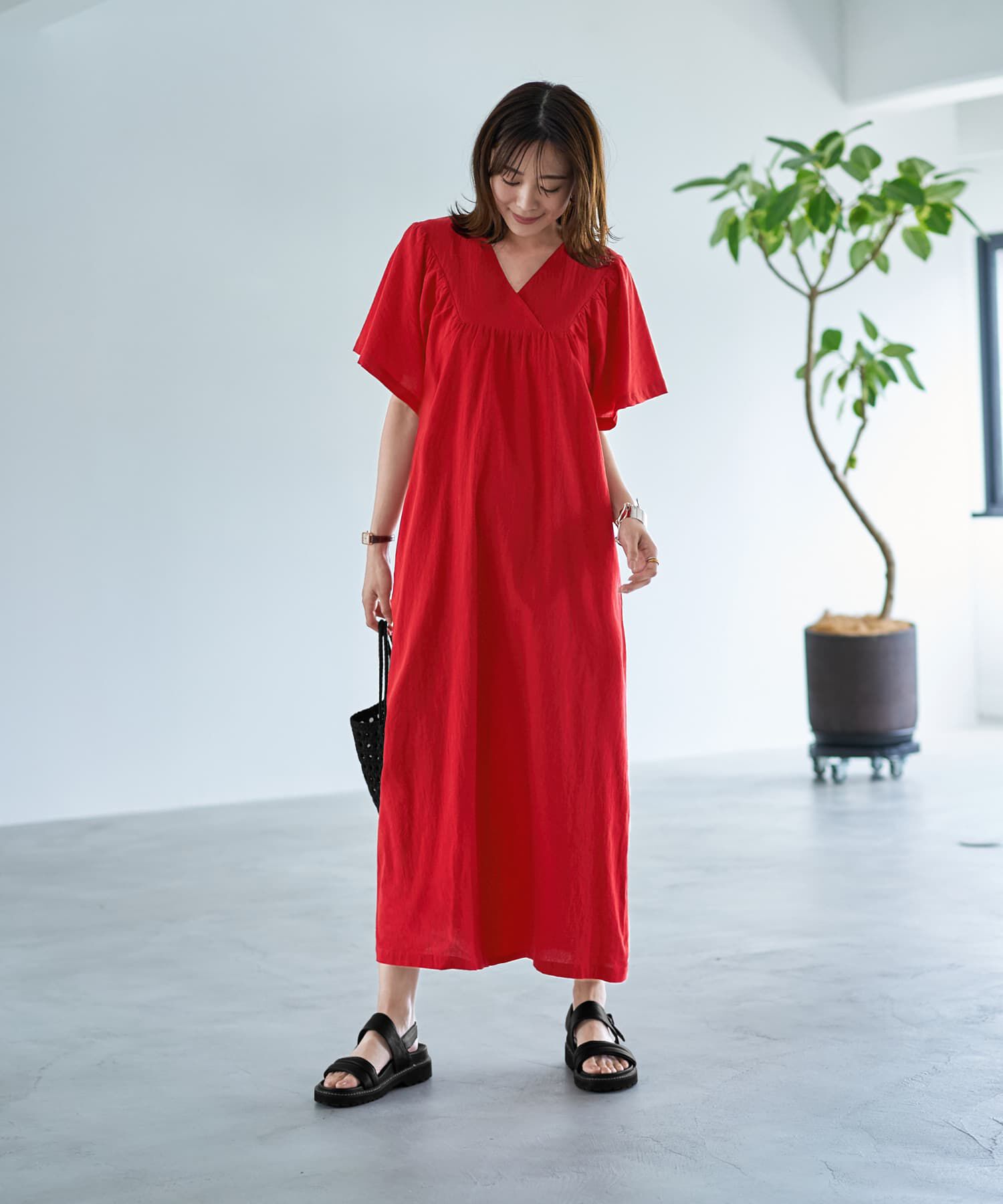 STYLE DELI「重ねVネックコットンギャザーワンピースB」|ワンピース|レッド