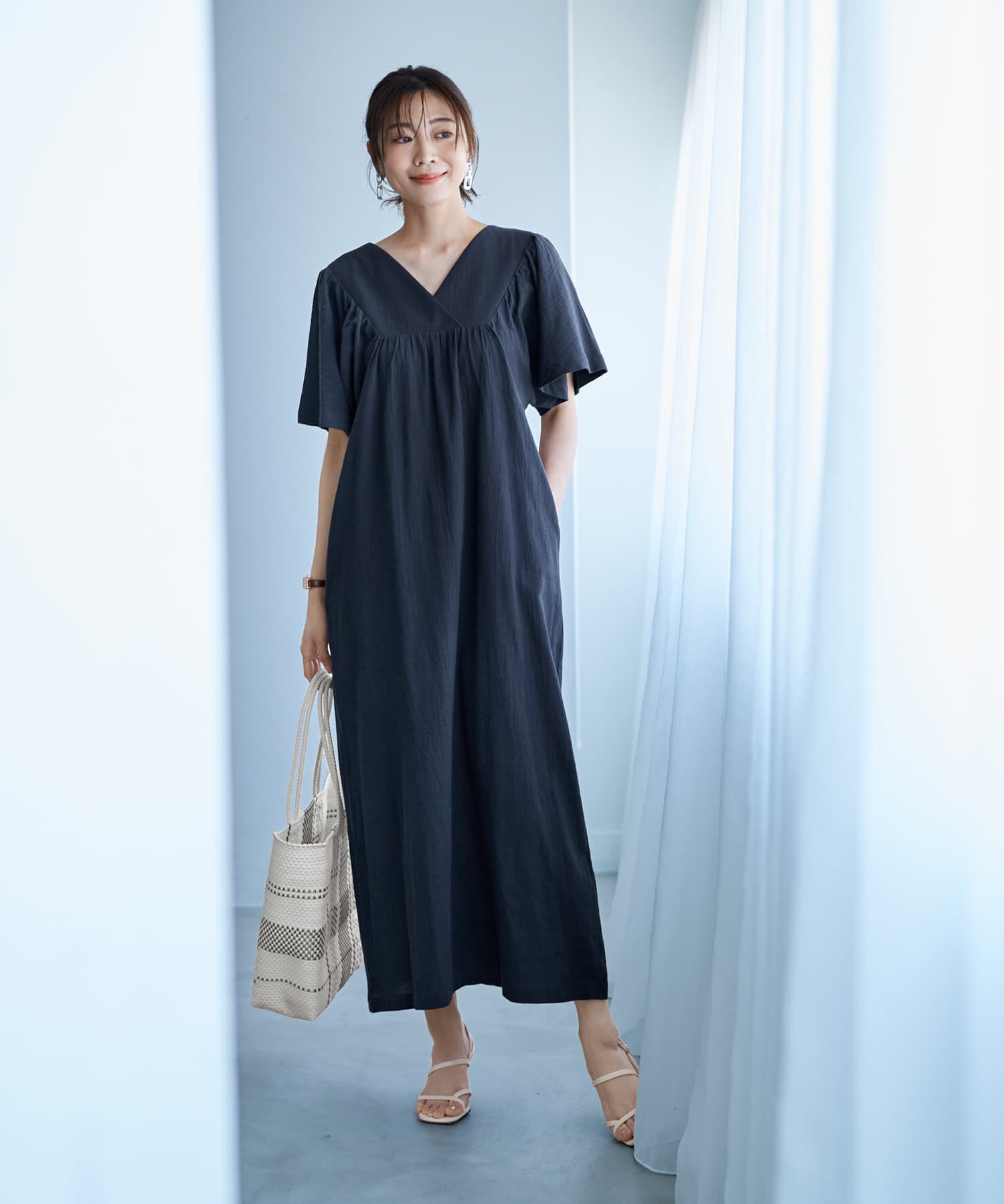 STYLE DELI「重ねVネックコットンギャザーワンピースB」|ワンピース|ネイビー