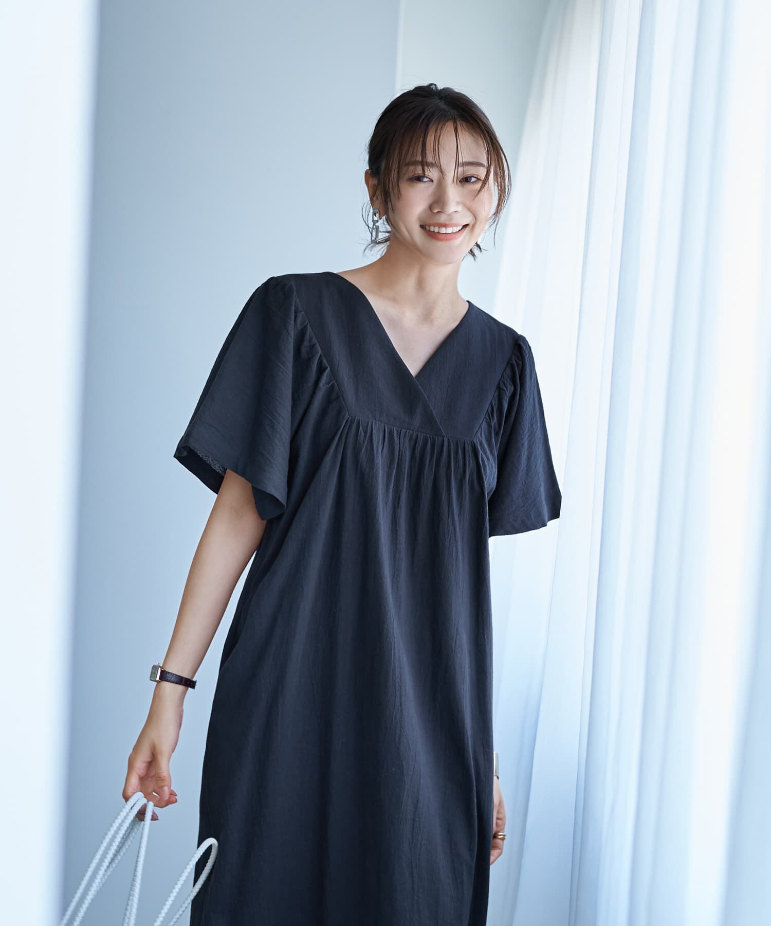 STYLE DELI「重ねVネックコットンギャザーワンピースB」|ワンピース|