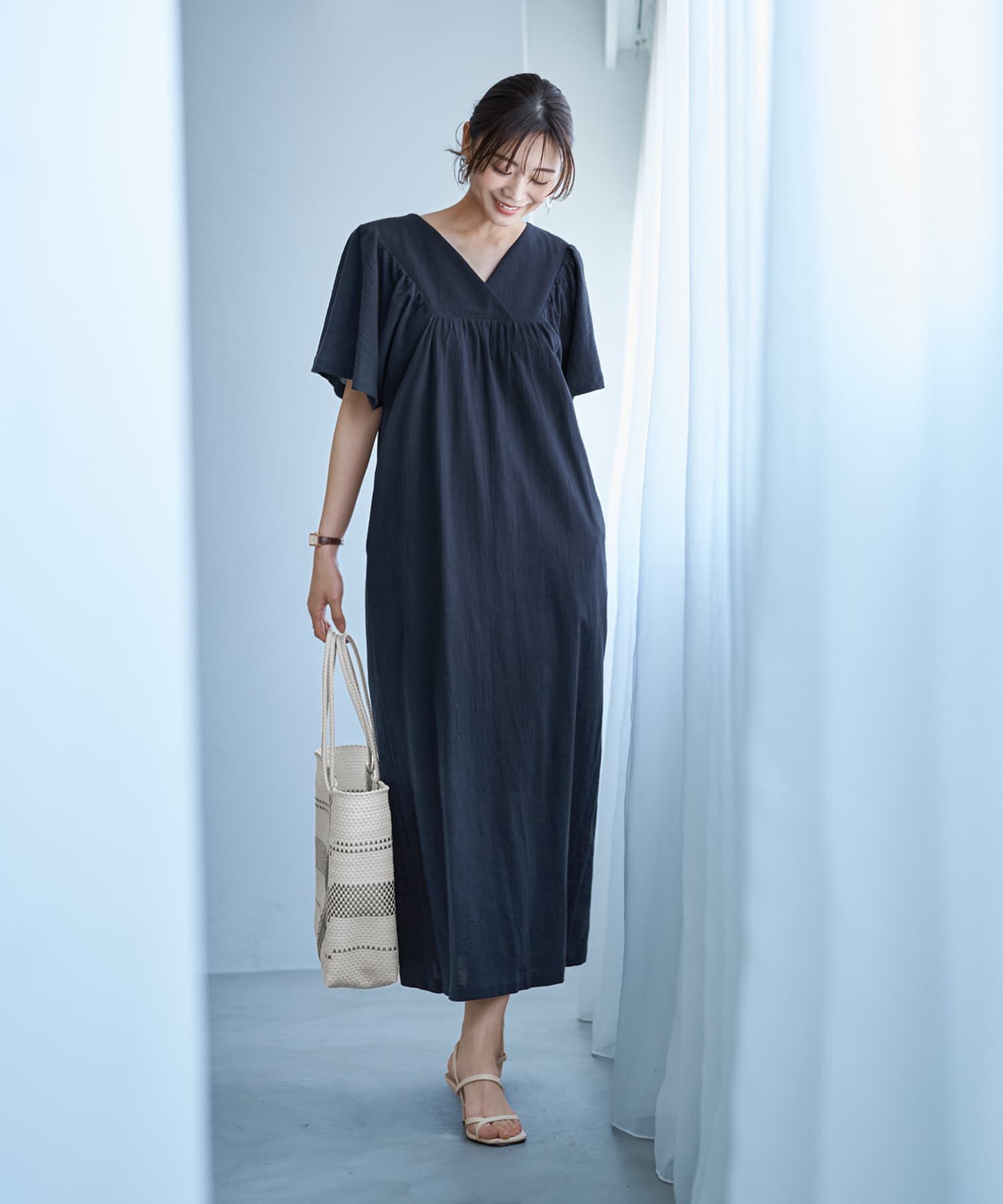 STYLE DELI「重ねVネックコットンギャザーワンピースB」|ワンピース|