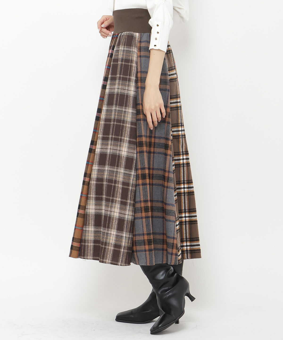 アンドクチュール「ウエストリブMIXネルチェックロングスカート」|フレア|