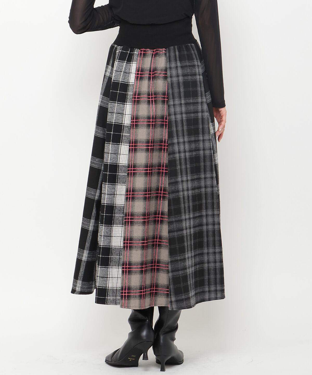 アンドクチュール「ウエストリブMIXネルチェックロングスカート」|フレア|