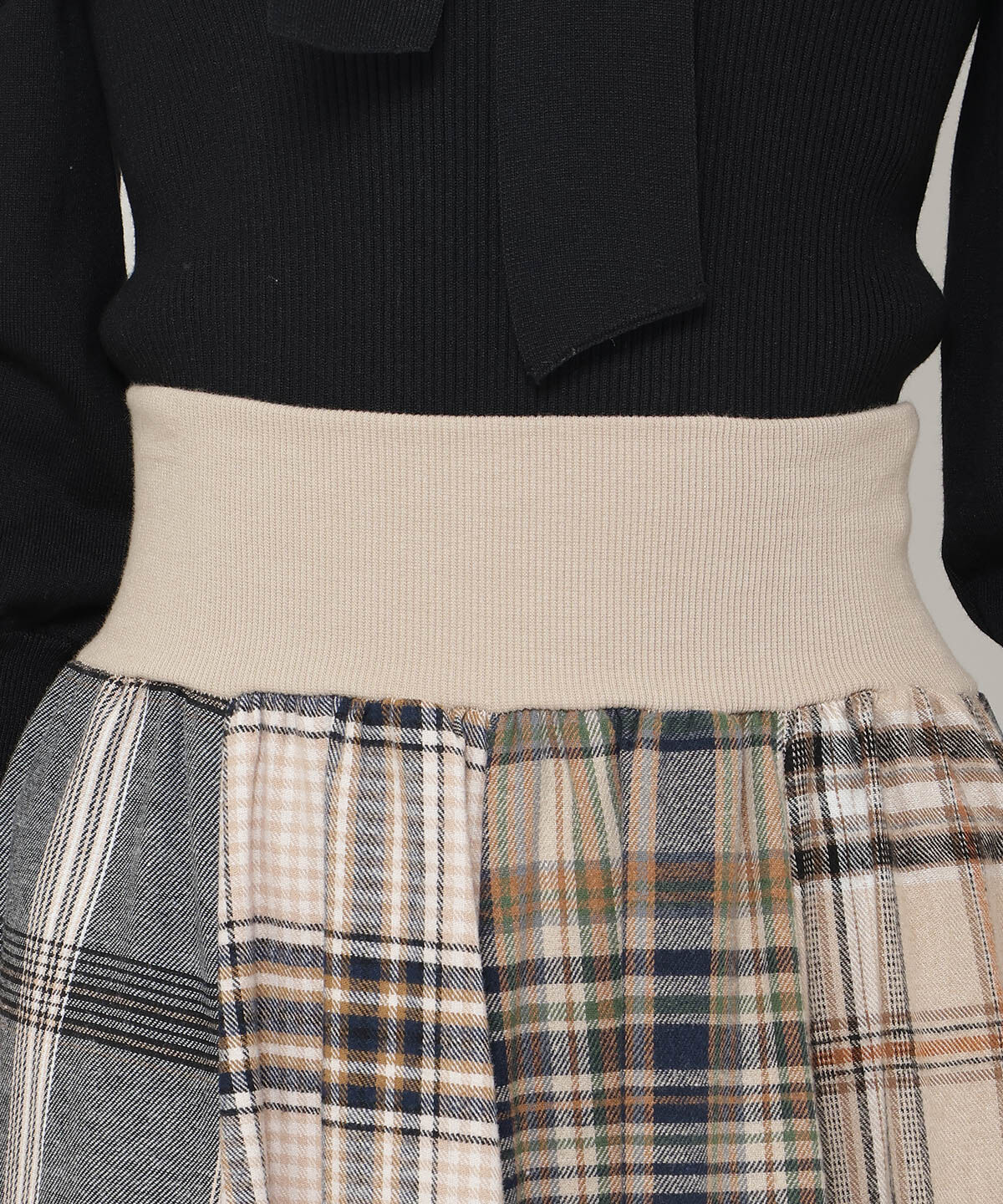 アンドクチュール「ウエストリブMIXネルチェックロングスカート」|フレア|