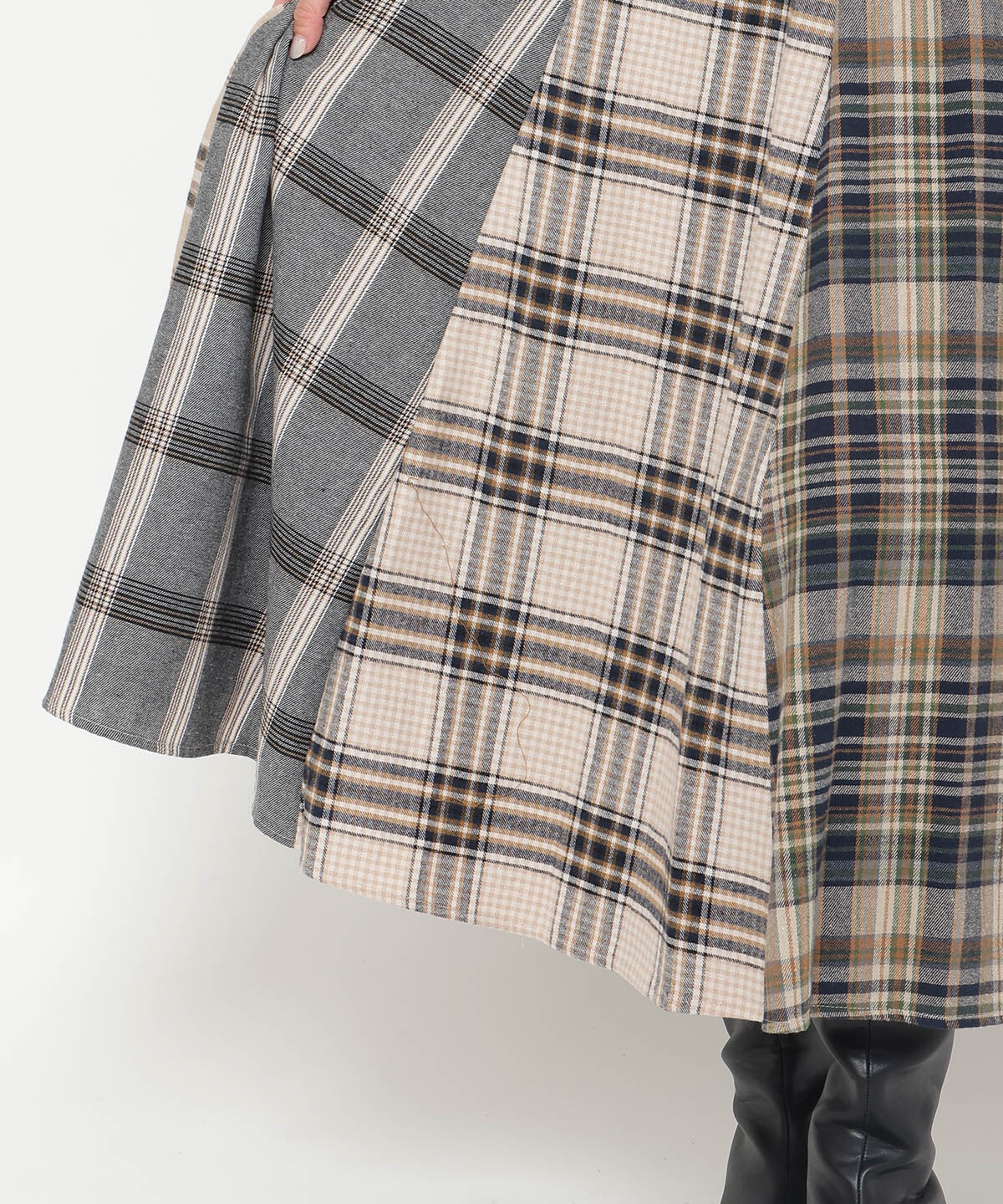 アンドクチュール「ウエストリブMIXネルチェックロングスカート」|フレア|