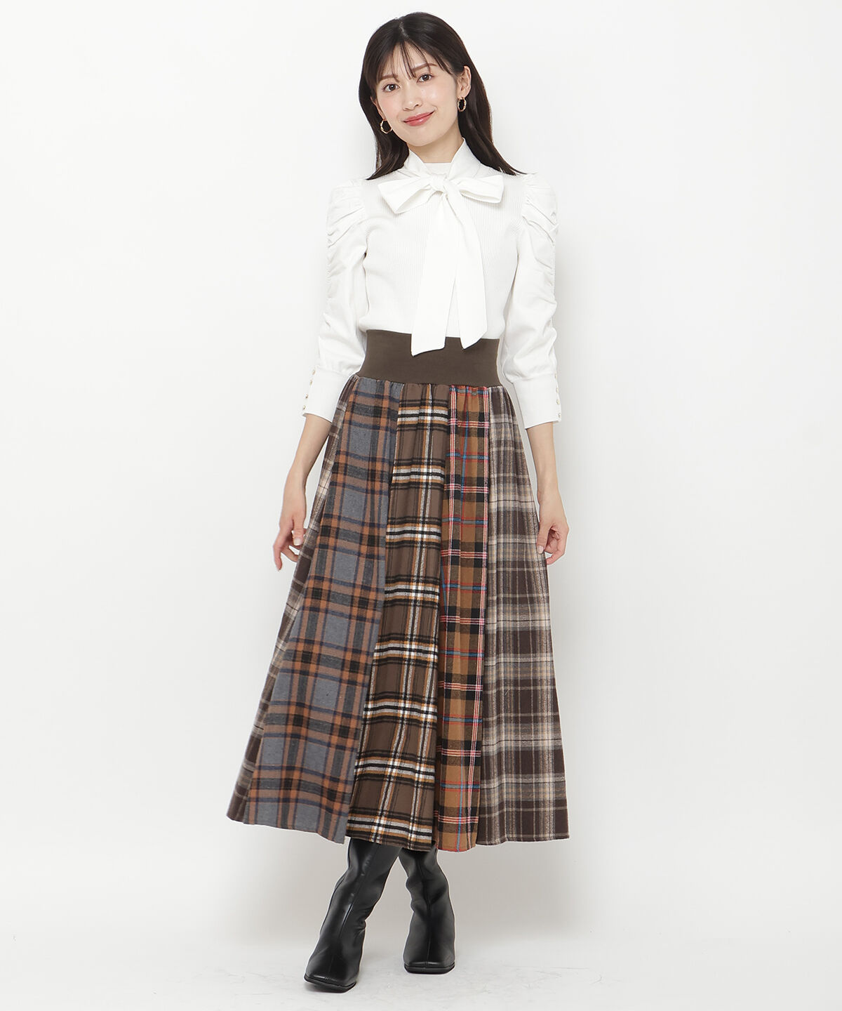 アンドクチュール「ウエストリブMIXネルチェックロングスカート」|フレア|茶系チェック