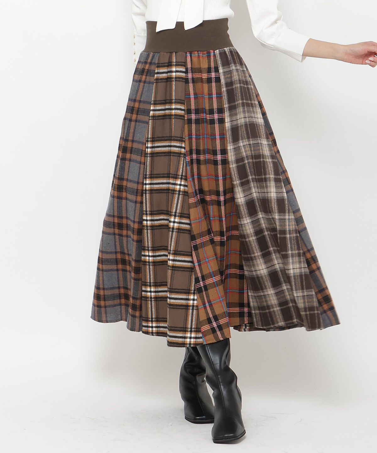 アンドクチュール「ウエストリブMIXネルチェックロングスカート」|フレア|