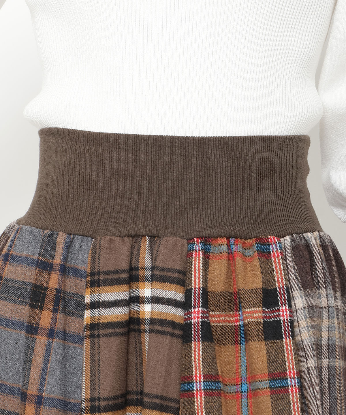 アンドクチュール「ウエストリブMIXネルチェックロングスカート」|フレア|