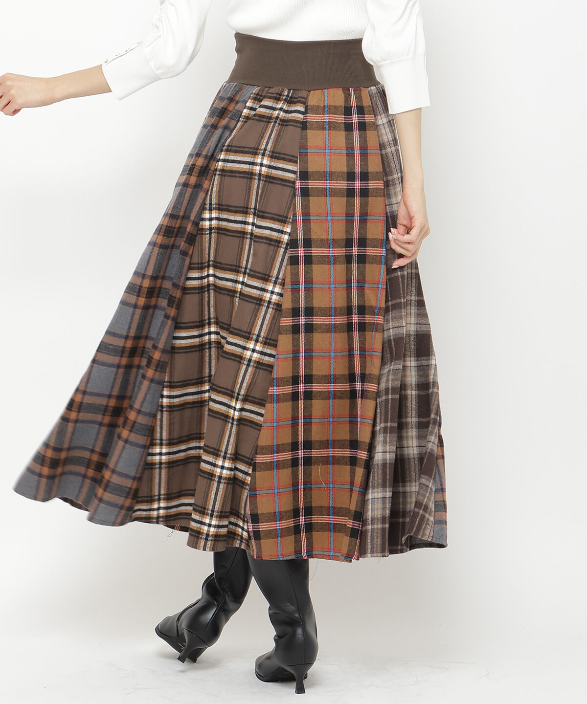 アンドクチュール「ウエストリブMIXネルチェックロングスカート」|フレア|