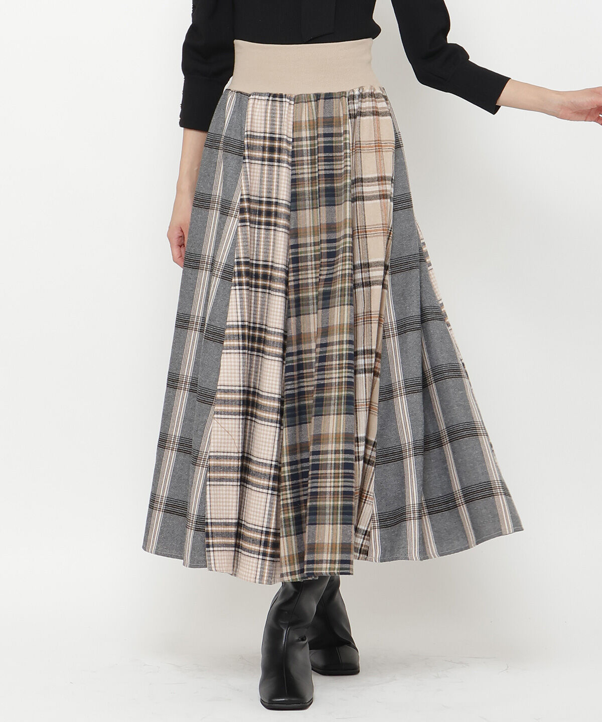 アンドクチュール「ウエストリブMIXネルチェックロングスカート」|フレア|