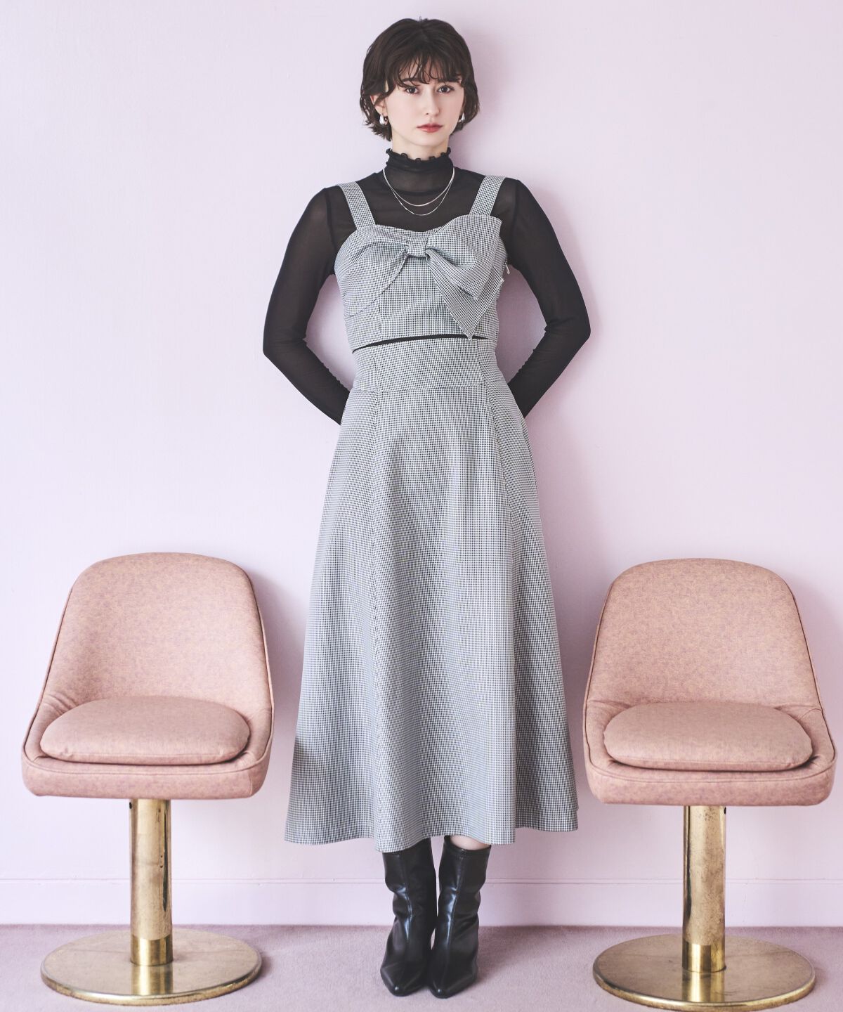 アンドクチュール「千鳥柄クラシカルリボンセットアップ」|ワンピース|
