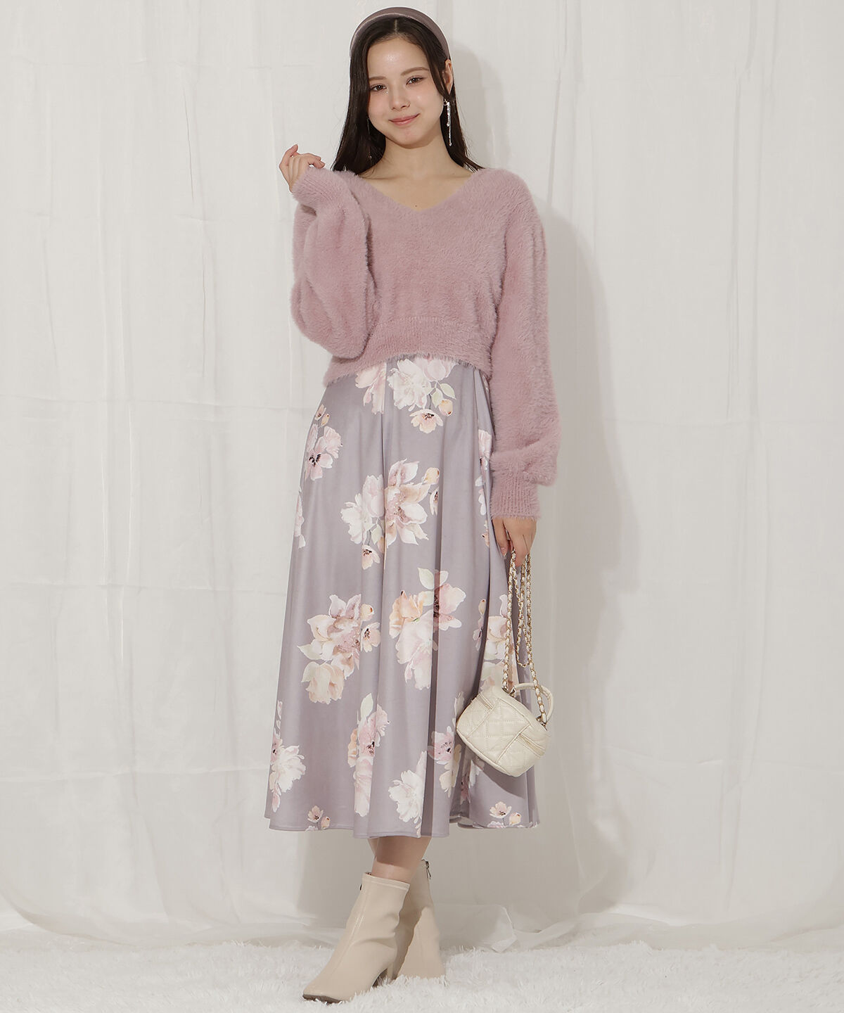 WILLSELECTION「シャギーニット&times;フレアワンピース」|ワンピース|赤系花柄