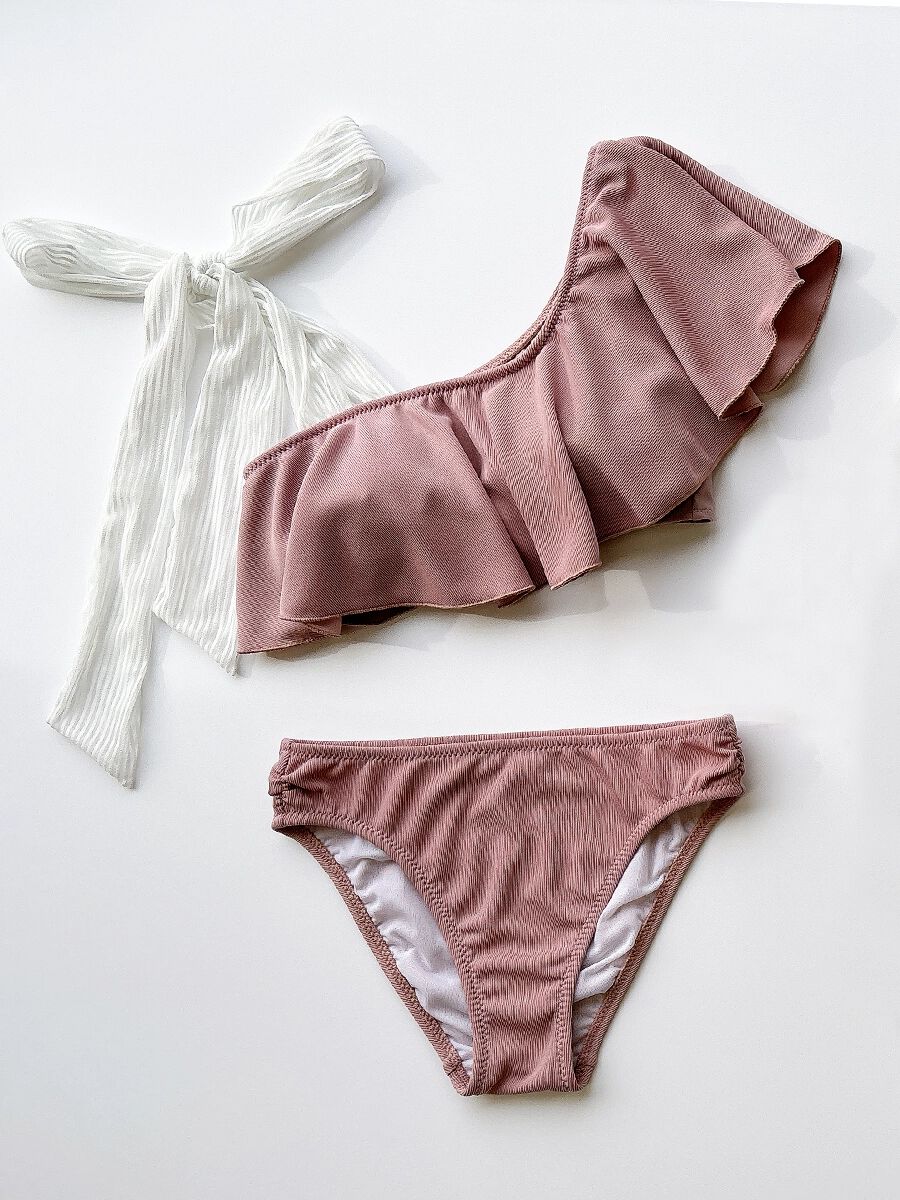 PEAK&PINE「無地リブ素材フレアワンショルダービキニ」|ビキニ|ピンク