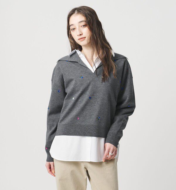 UNITED ARROWS「フラワー エンブロイダリー スキッパーニット」|ニット・セーター|DK.GRAY
