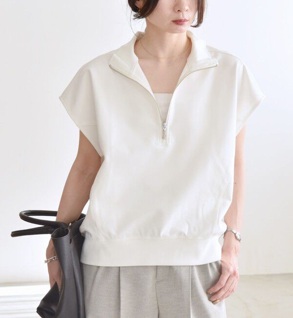 quaranciel「quaranciel:〈洗濯機可能〉ライト ポンチ ハーフジップ フレンチスリーブ TEE」|Tシャツ・カットソー|