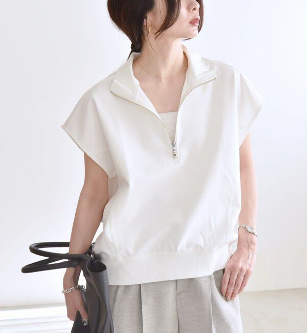 quaranciel「quaranciel:〈洗濯機可能〉ライト ポンチ ハーフジップ フレンチスリーブ TEE」|Tシャツ・カットソー|