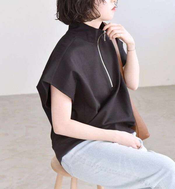 quaranciel「quaranciel:〈洗濯機可能〉ライト ポンチ ハーフジップ フレンチスリーブ TEE」|Tシャツ・カットソー|ブラック
